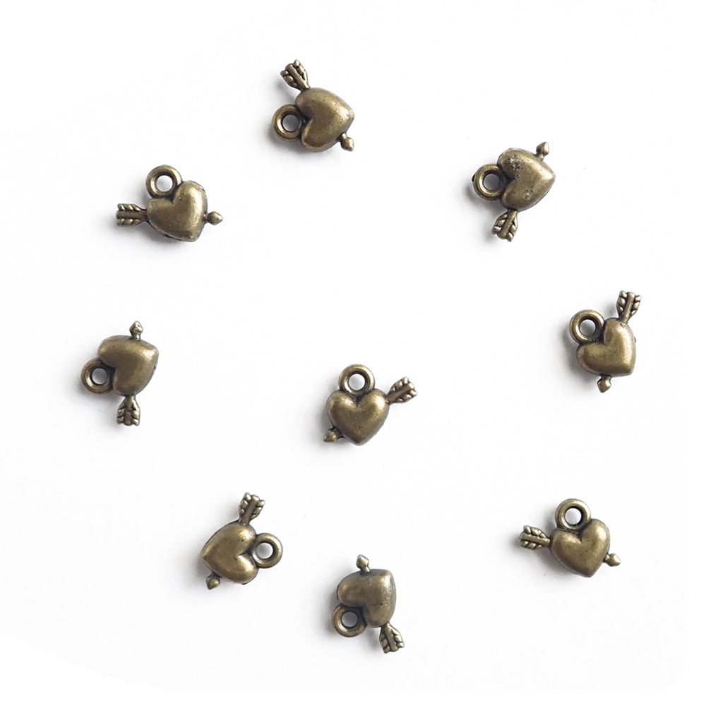 Puffy Heart & Arrow Metal Charms, Antique Bronze Color, 10x11mm, about 8 charms, for making bracelets & jewelry