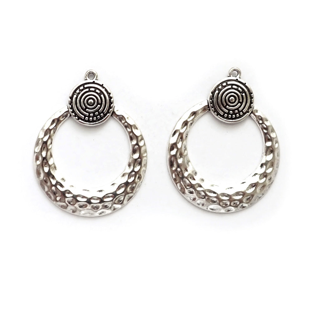 Hammered Vintage Style Earring Pendant Findings, Silver Tone, 2 charms