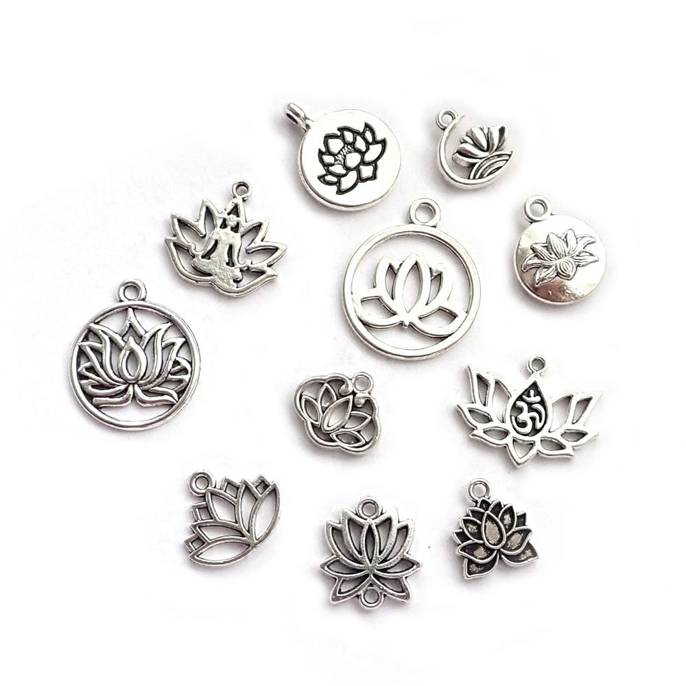 Lotus Theme Metal Charms, Mixed Shapes, Silver Tone, 11 charms, for jewelry making & crafts
