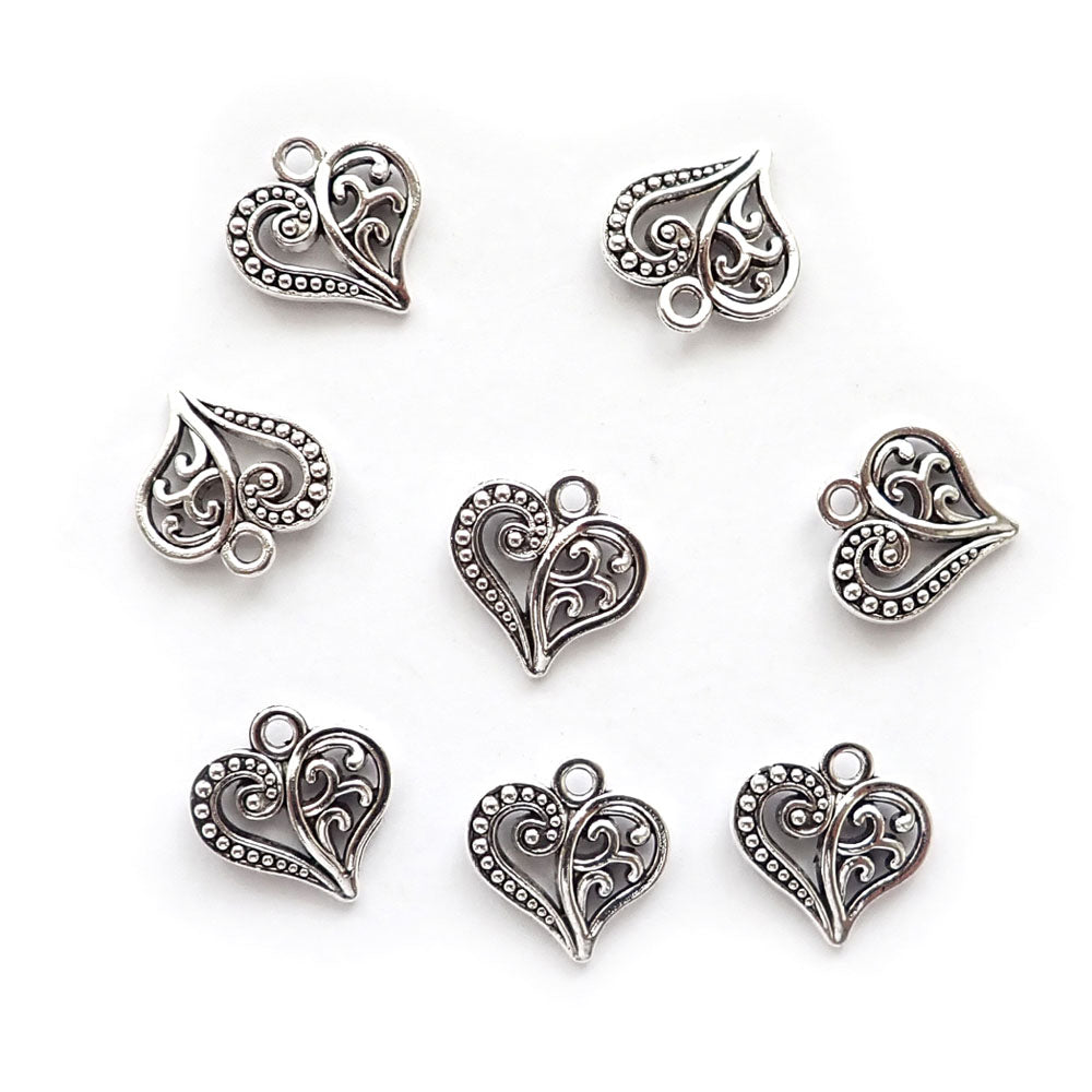 Heart Metal Charms w/ scroll designs, Silver Tone Color, about 8 charms, for making bracelets & jewelry