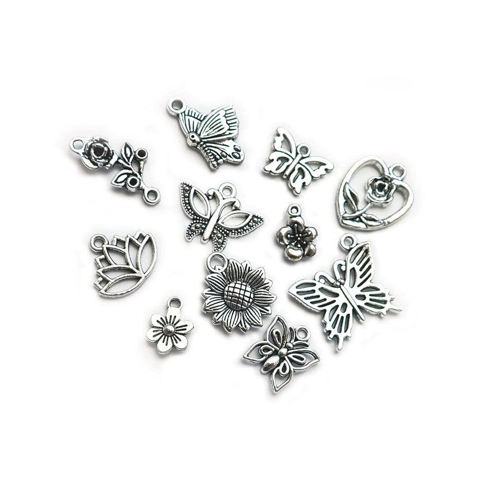 Butterfly & Flower Charm Mix, Silver Tone, about 11 charms, for making bracelets & jewelry