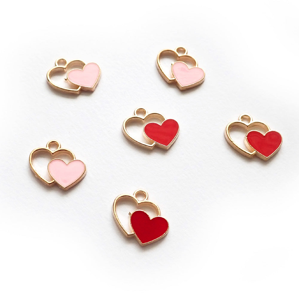 Double Heart Enamel Metal Charms, Pink & Red, 6 charms