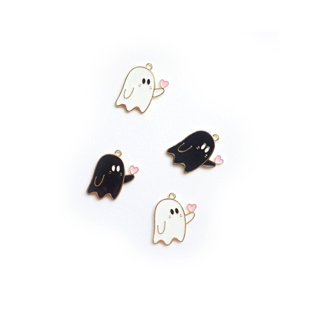 Valentine's Ghost Heart Metal Enamel Charms, Black & White, 4 charms