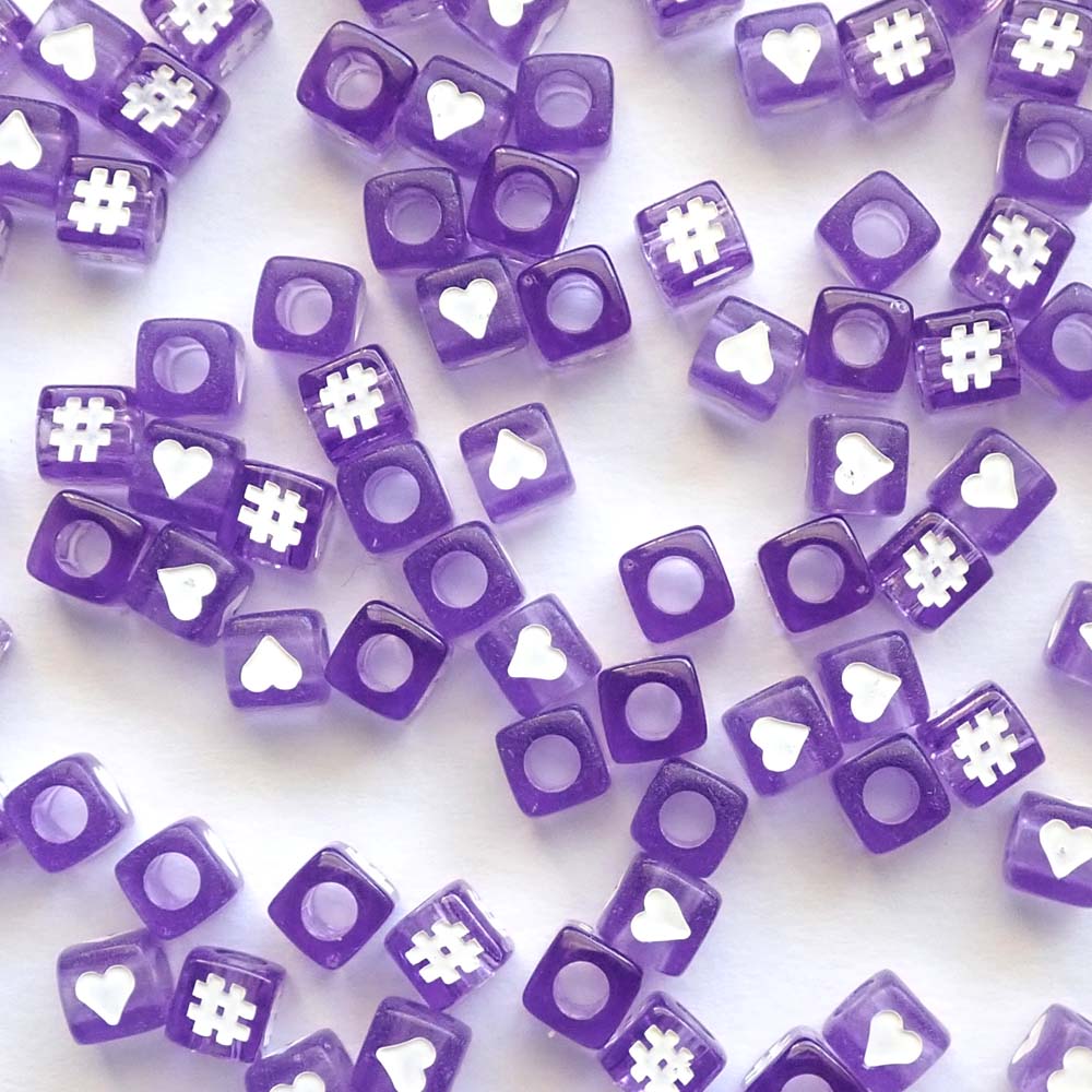 Purple 7mm Plastic Cube Beads w/ Hearts & Hashtags Random Mix, about 100 beads