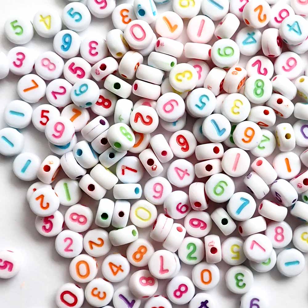 Plastic White 7mm Round Number Beads, Multi-Color, about 200 beads