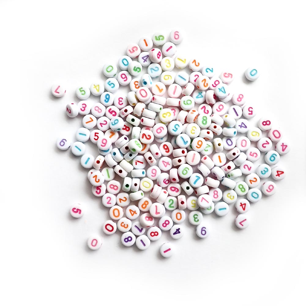 Plastic White 7mm Round Number Beads, Multi-Color, about 200 beads