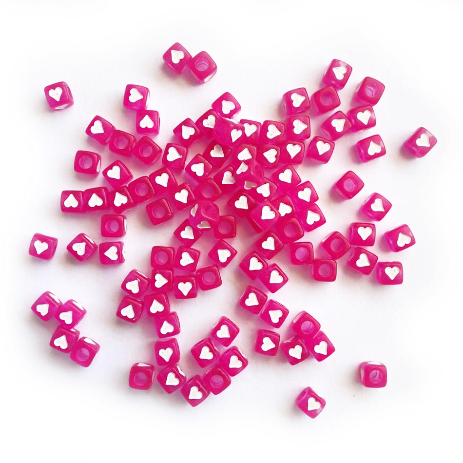 7mm Hot Pink Cube Beads w/ White Hearts, about 100 beads