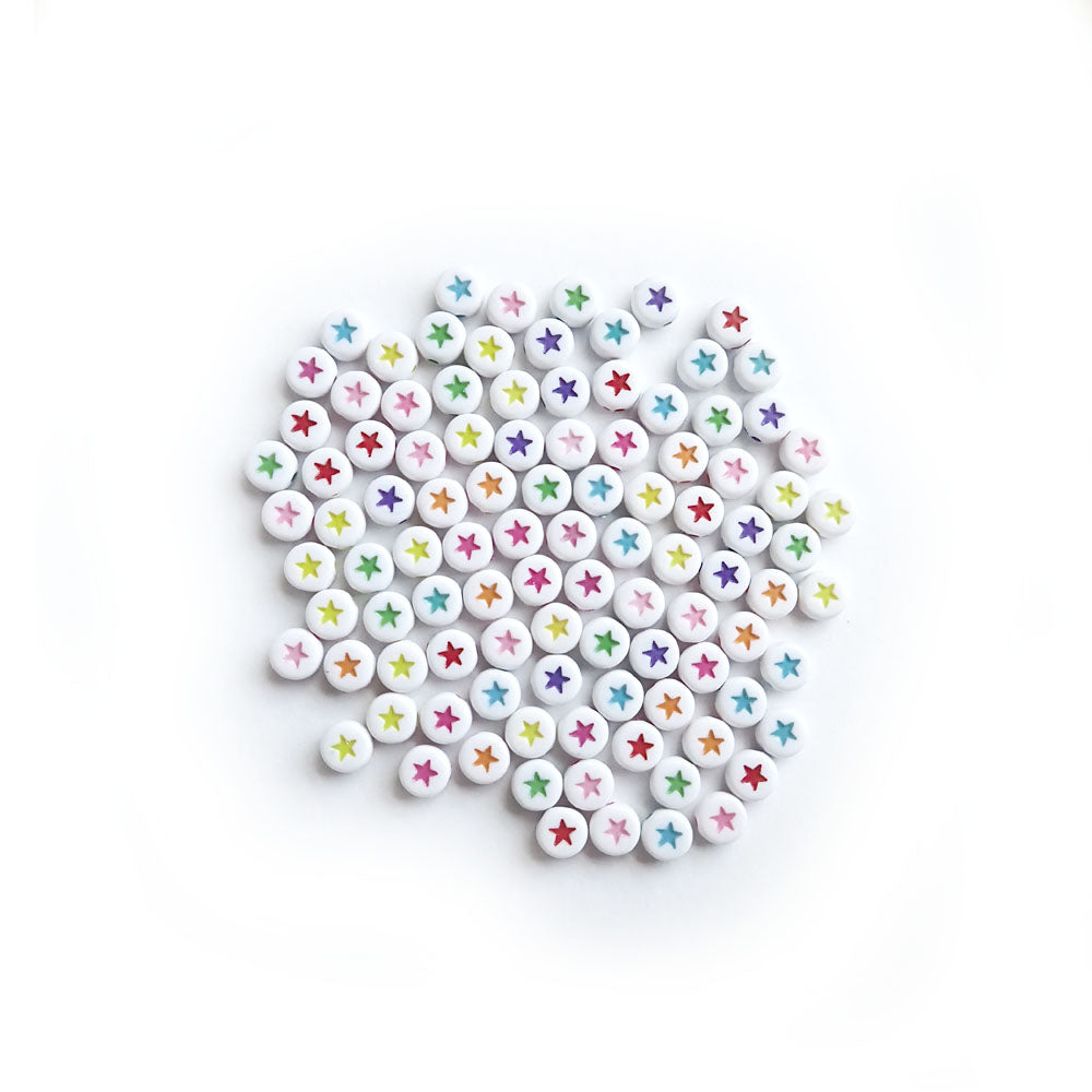 White 7mm Round Plastic Beads w/ Multicolor Stars, about 100 beads