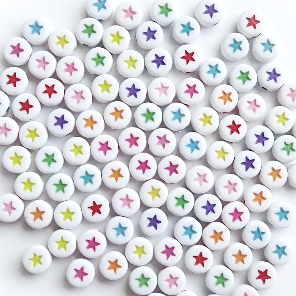 White 7mm Round Plastic Beads w/ Multicolor Stars, about 100 beads