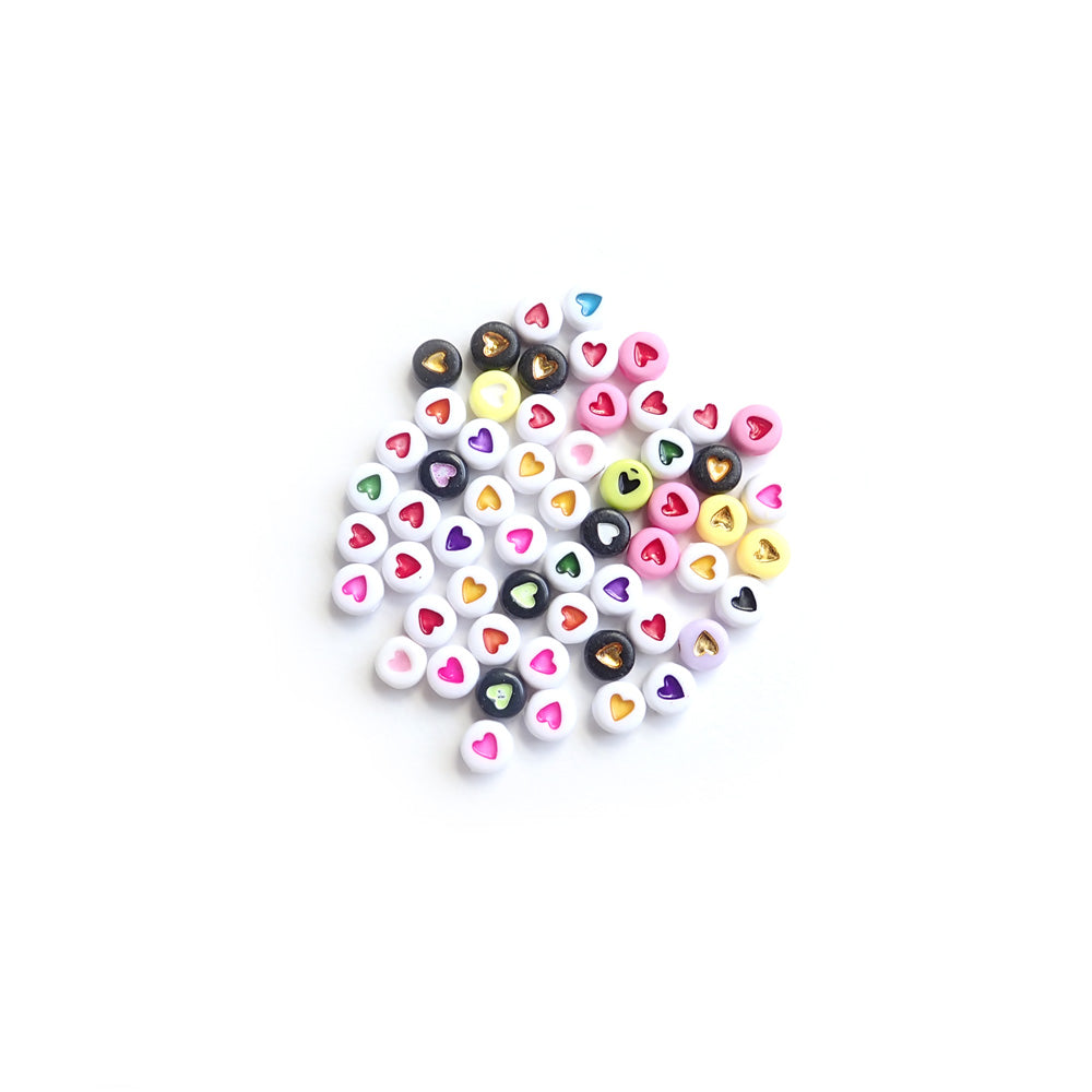 Plastic Round Beads with Hearts, 7mm, Random Colors, about 100 beads