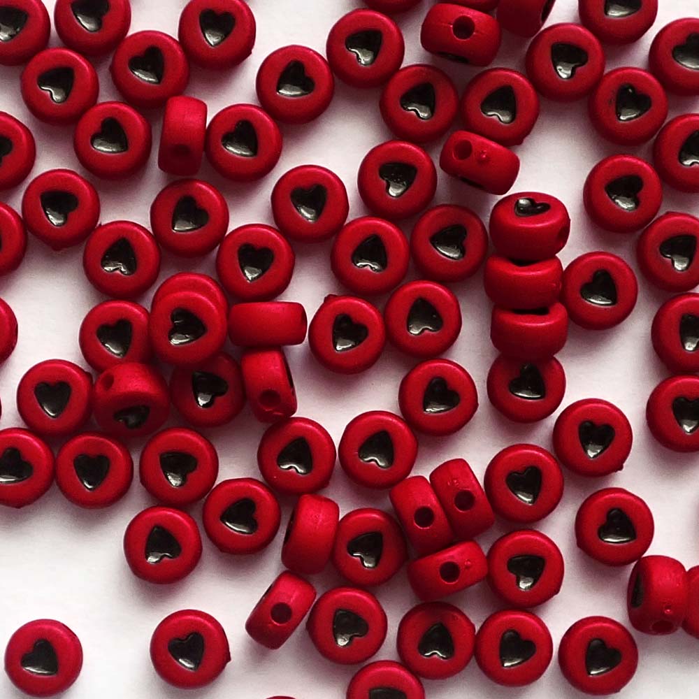 7mm Red Round Plastic Beads w/ Black Hearts, about 100 beads
