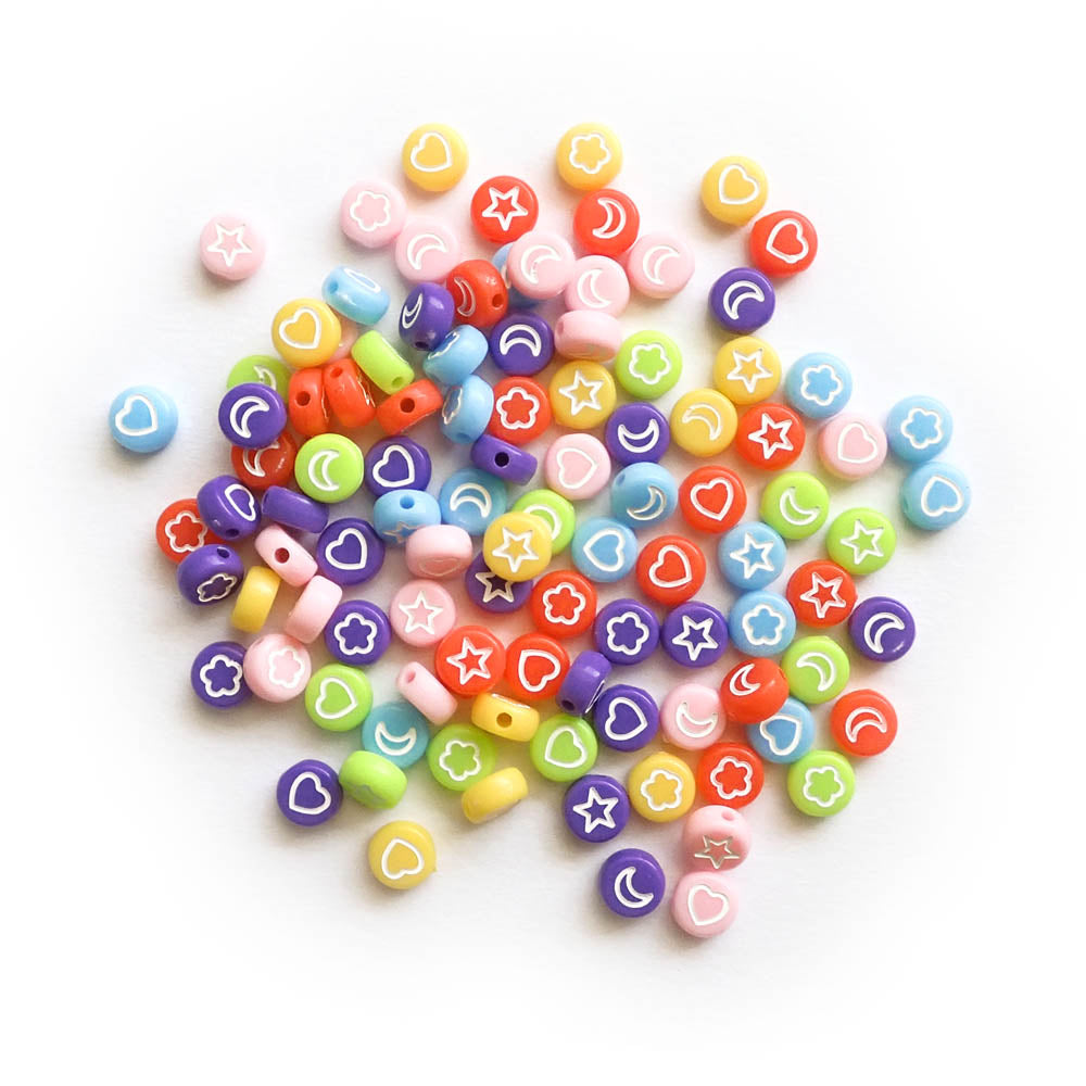 Rainbow Colors 7mm Plastic Round Beads w/ Design Symbols, about 100 beads