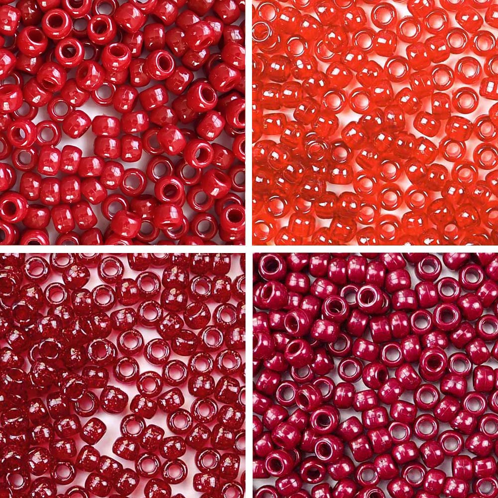 Red &amp; Dark Red 4 Color Kit, Plastic Pony Beads 6 x 9mm, 1000 beads