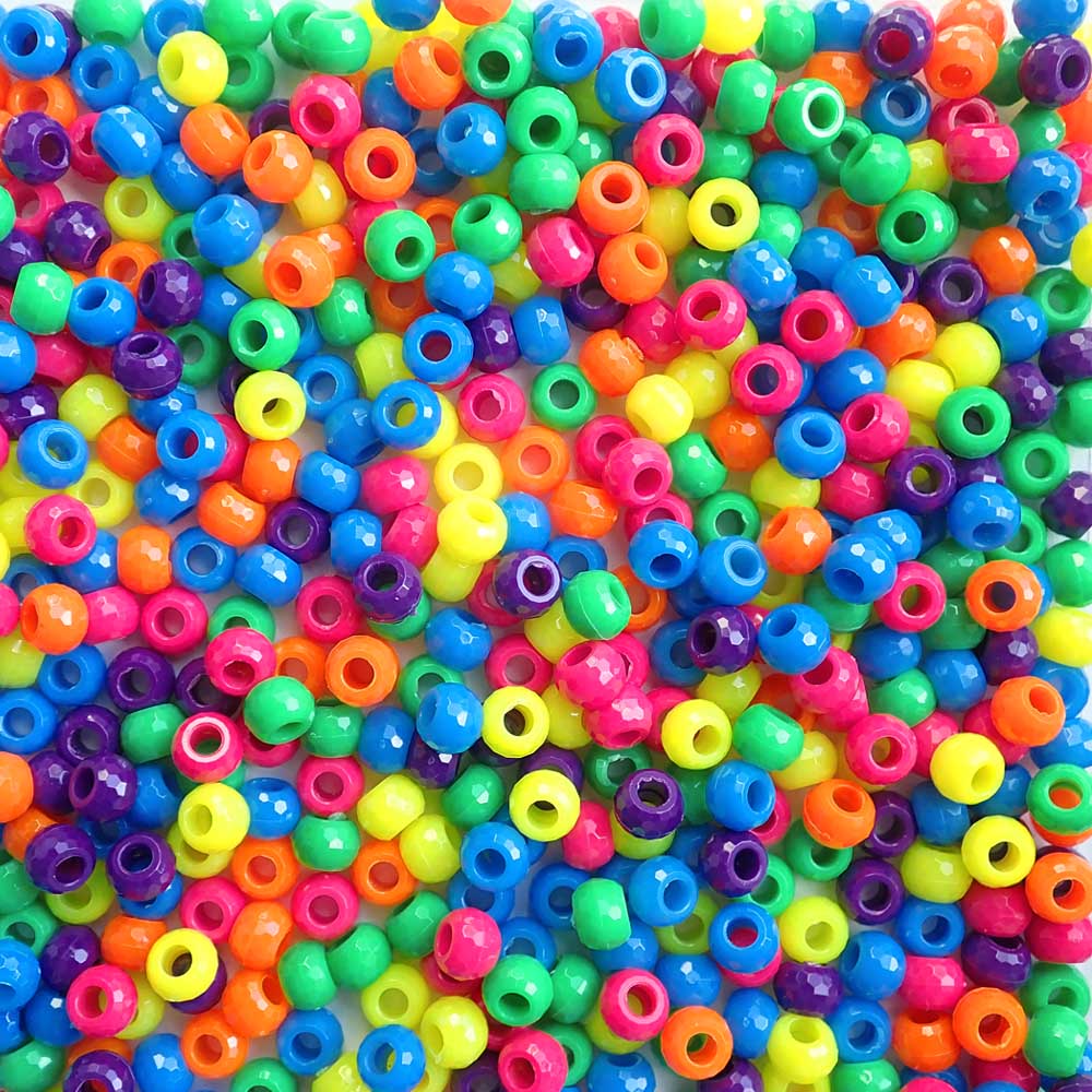 Neon Mix Faceted Jewel Plastic Pony Beads 6 x 9mm, 500 beads