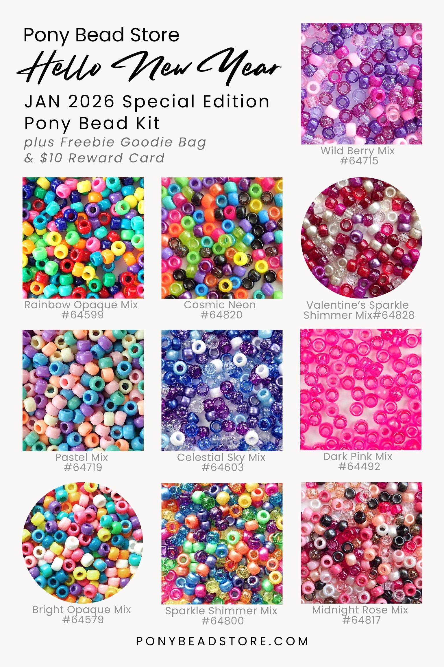 Promotional image of Pony Bead Store's 2026 Special Edition Pony Bead Kit with various bead mixes.