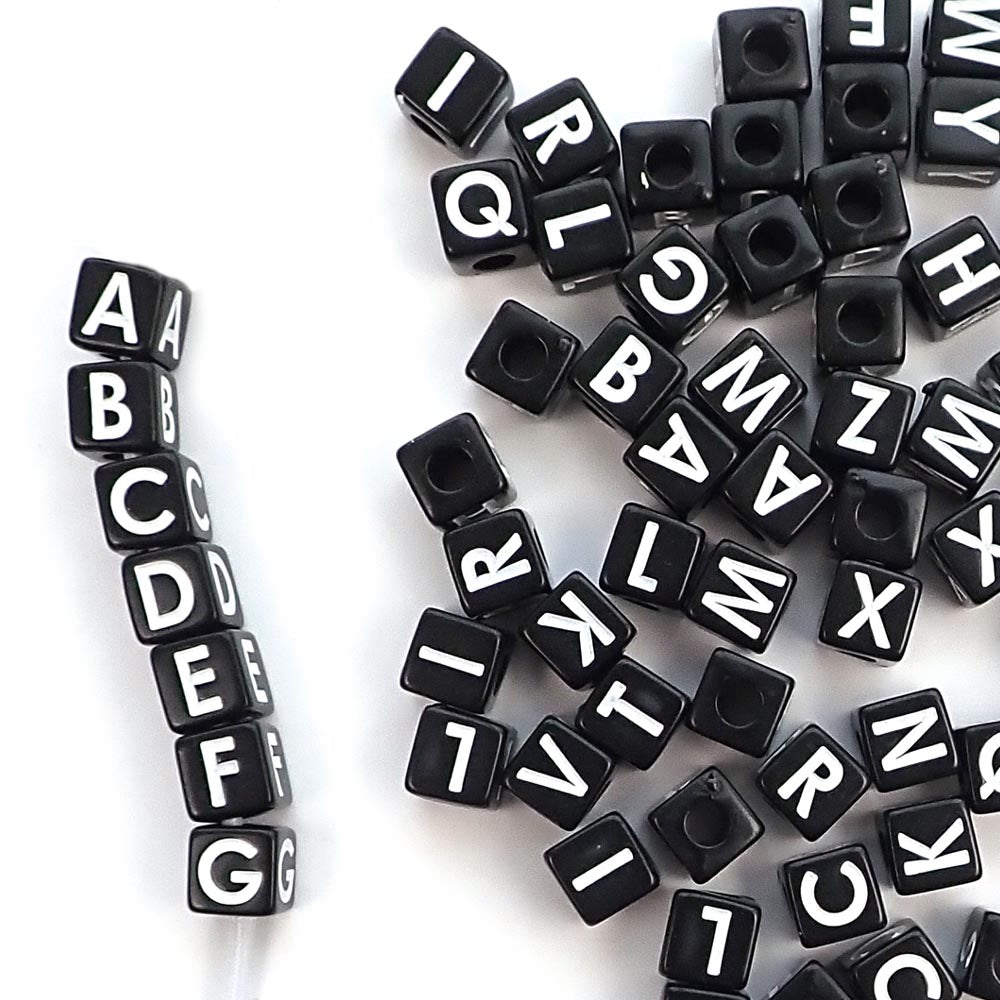 Plastic Black Vertical Hole Mixed Alphabet Beads, Random Mix A-Z, 8mm Cube, 600 beads