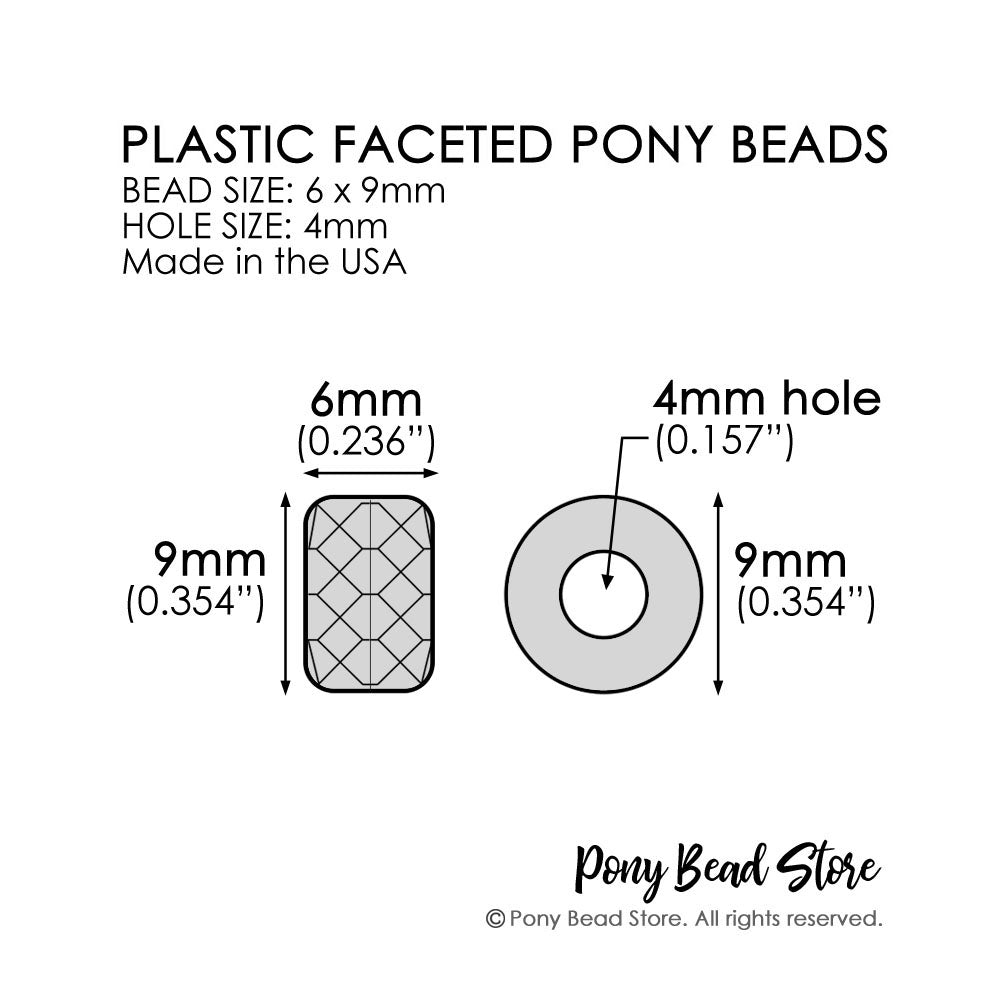 Dimension diagram for plastic faceted pony beads, showing bead size 6 x 9mm and hole size 4mm, with front and side profile measurements and a Pony Bead Store logo at the bottom.