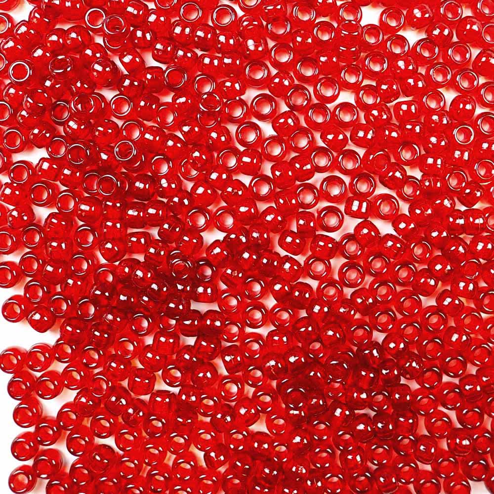 Ruby Red Transparent Plastic Pony Beads. Size 6 x 9 mm. Craft Beads.