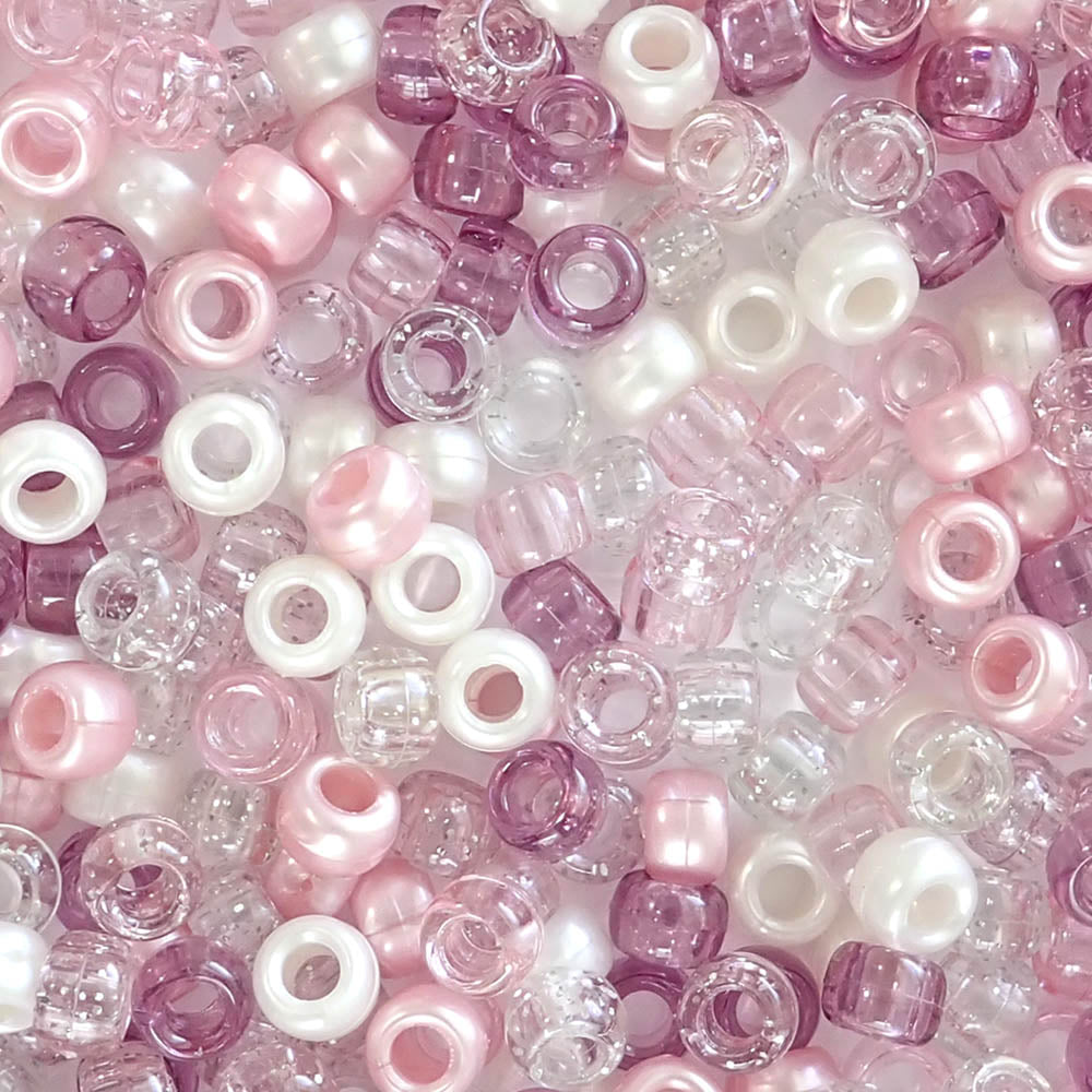 Pink Ice Mix Plastic Pony Beads. Size 6 x 9 mm.