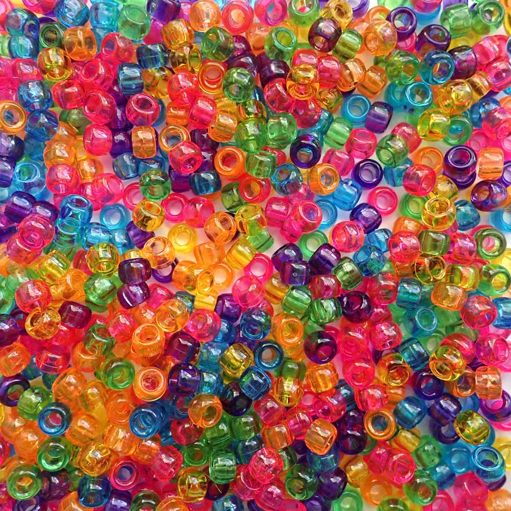 Vibrant Transparent Mix Plastic Pony Beads 6 x 9mm, 1500 beads