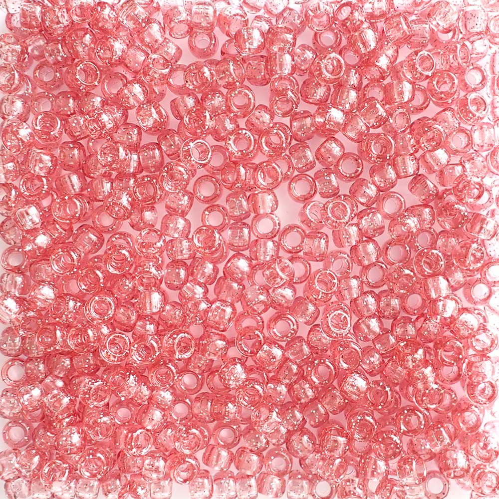 Medium Coral Glitter Plastic Pony Beads. Size 6 x 9 mm. Craft Beads. Made in the USA.