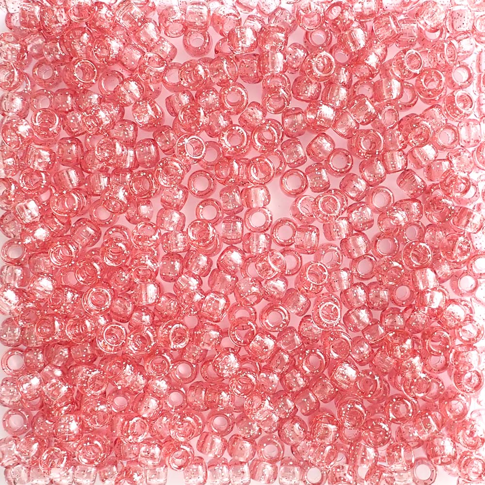 Medium Coral Glitter Plastic Pony Beads. Size 6 x 9 mm. Craft Beads. Made in the USA.