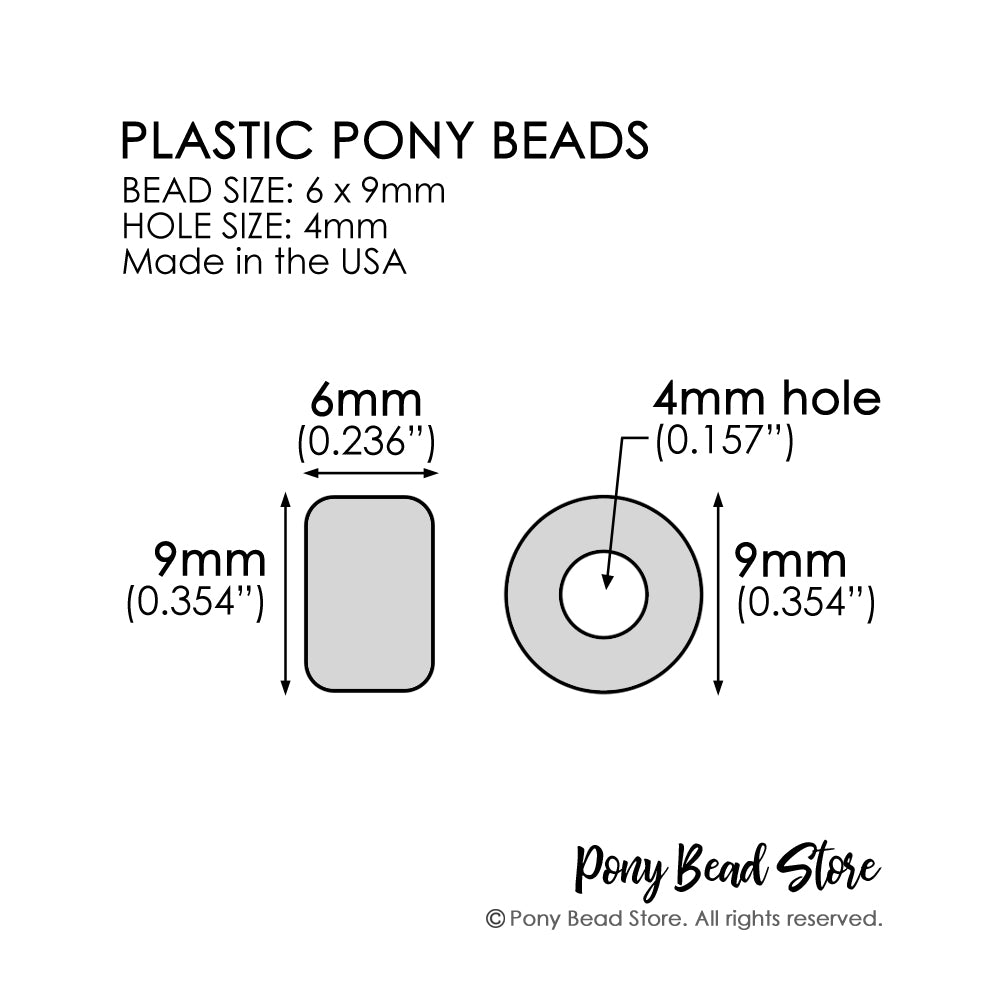 Dimension diagram for plastic pony beads, showing bead size 6 x 9mm and hole size 4mm, with front and side profile measurements and a Pony Bead Store logo at the bottom.