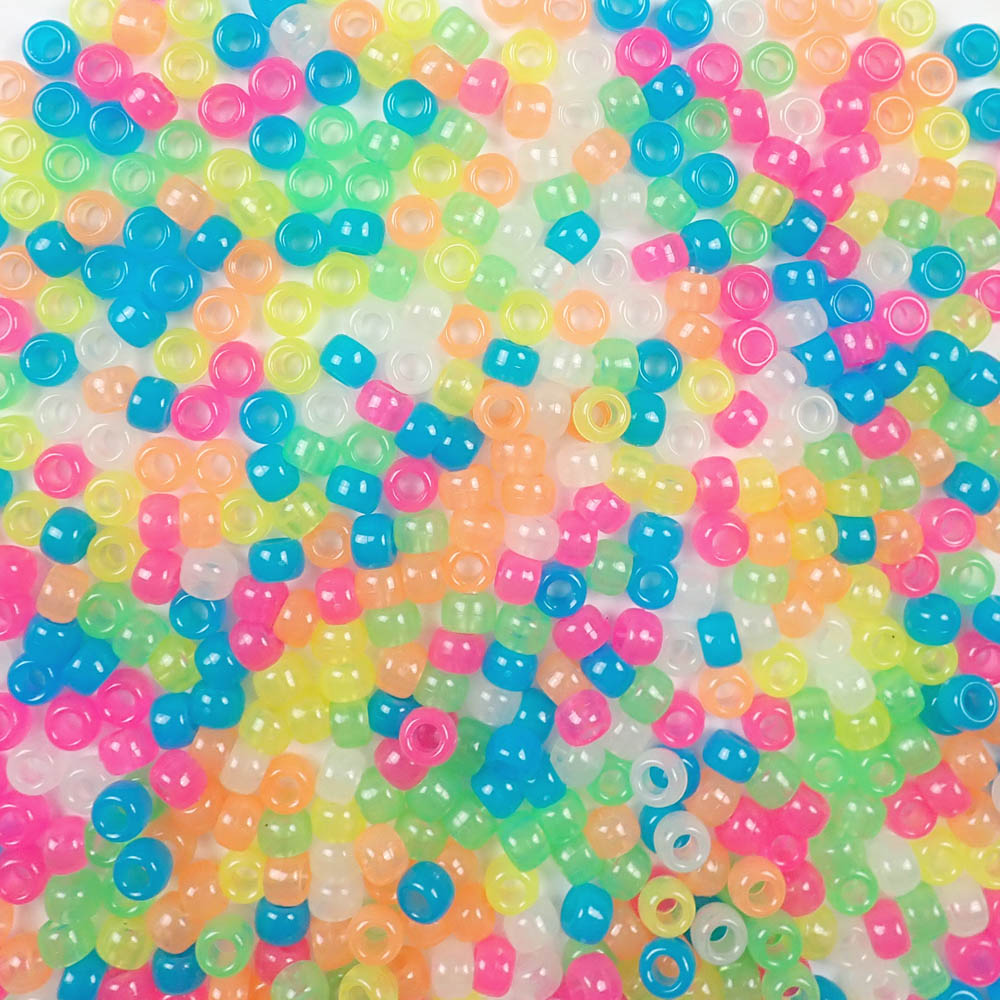6 x 9mm Plastic Pony Beads in a mix of glow in the dark colors