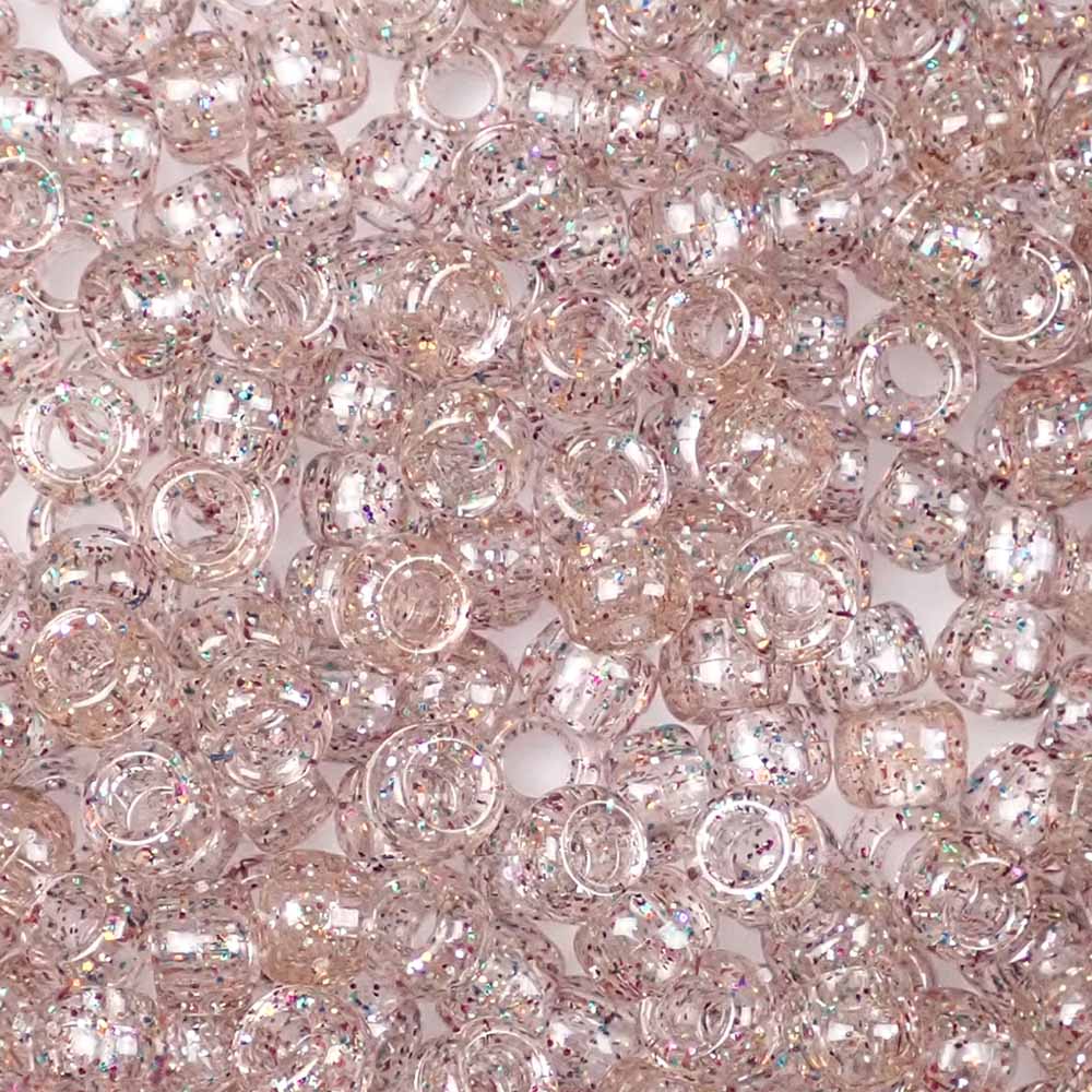 Clear w/ Rainbow Glitter Plastic Pony Beads 6 x 9mm, 500 beads