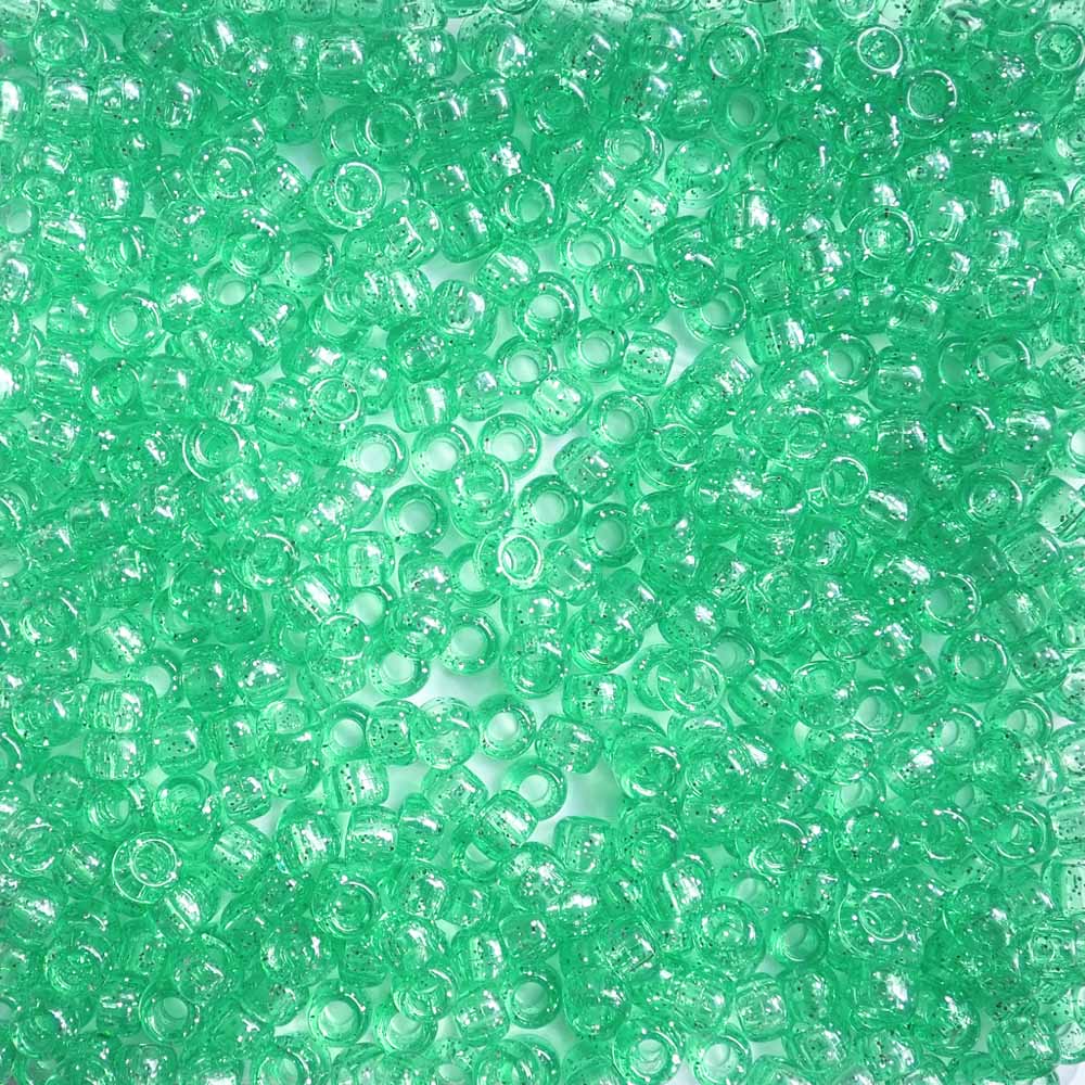 6 x 9mm plastic pony beads in peridot green glitter