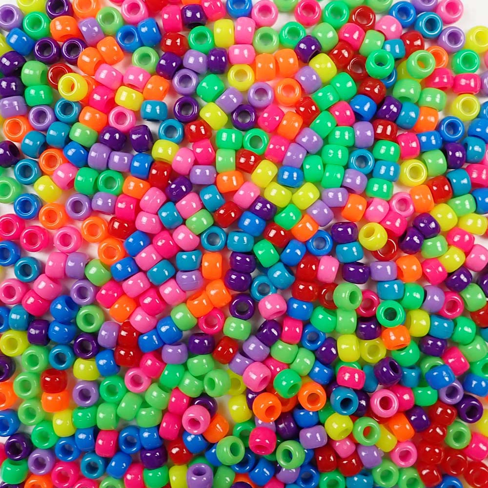6 x 9mm Plastic Pony Beads in a mix of bright rainbow colors