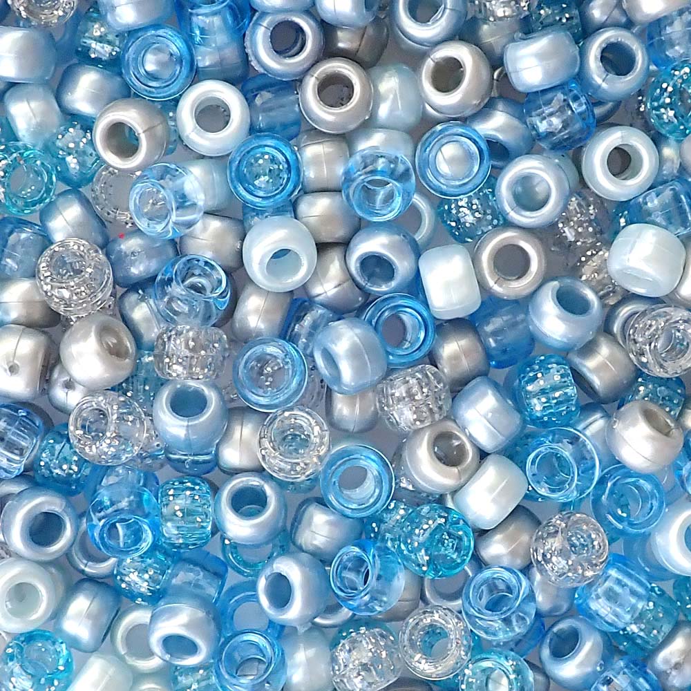 Blue Ice Mix Plastic Pony Beads 6 x 9mm, 250 beads