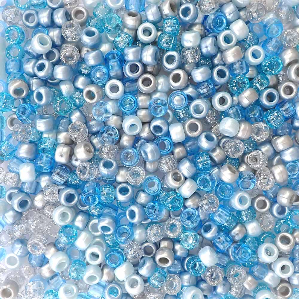 Blue Ice Mix Plastic Pony Beads 6 x 9mm, 500 beads