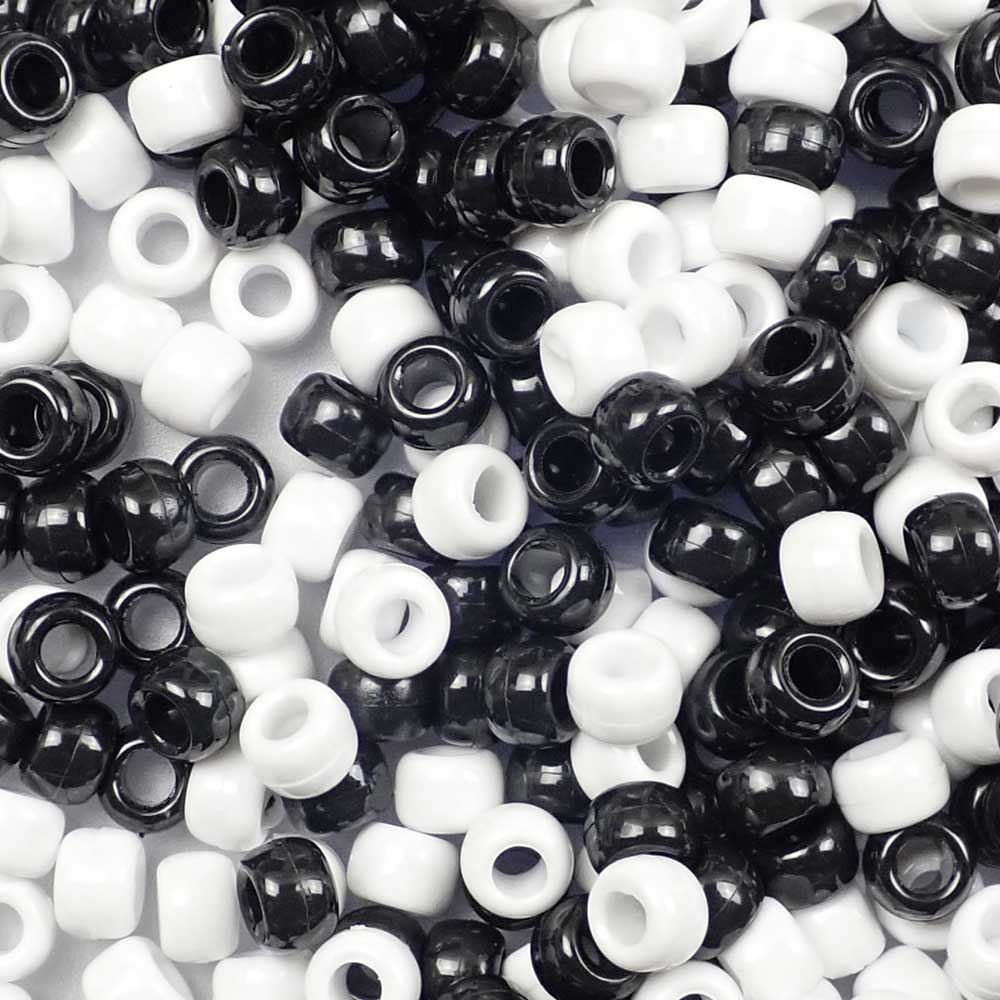Black & White Mix Plastic Pony Beads 6 x 9mm, 500 beads