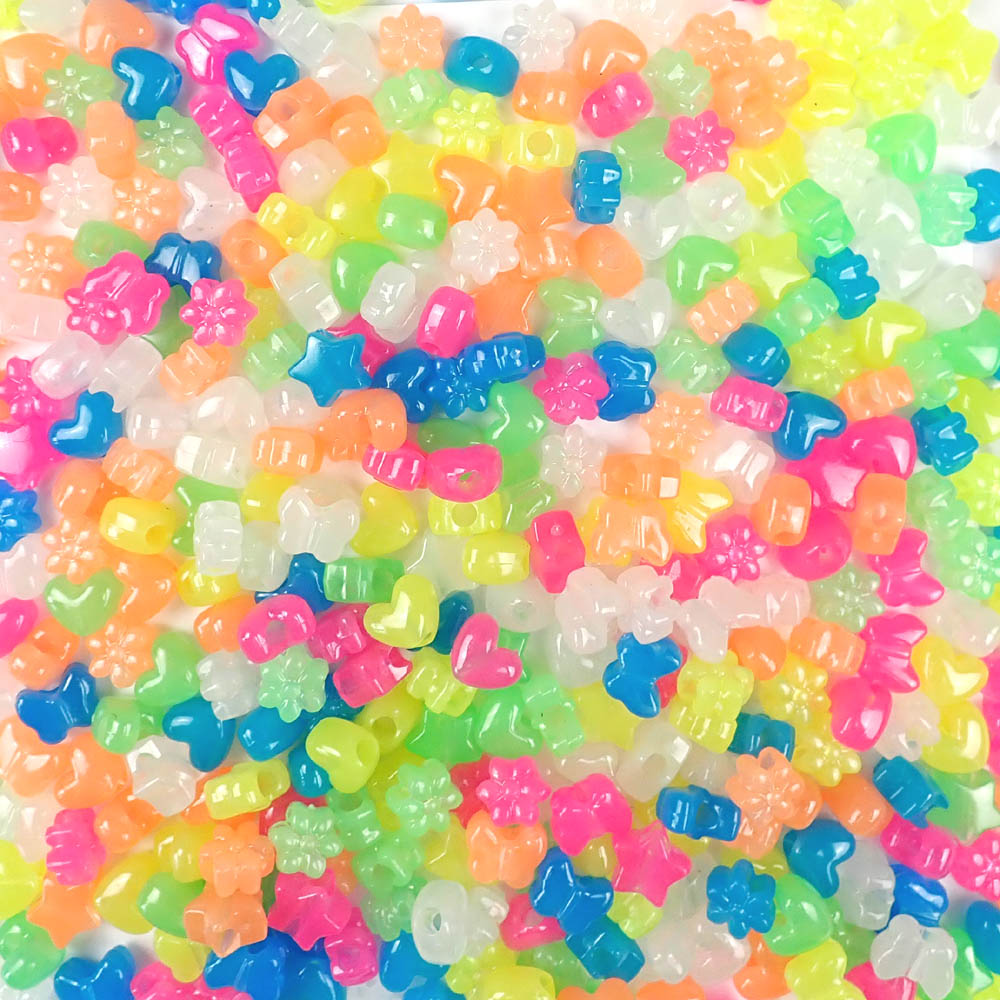 Plastic Pony Bead Shapes Mix, Glow in the Dark, 125 beads