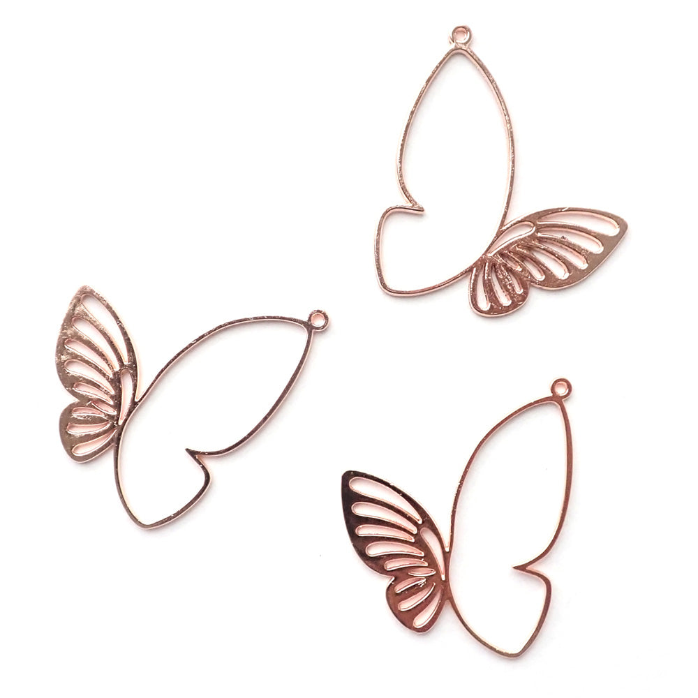 Rose Gold Tone Butterflies Hollow Metal Charms, 3 pcs, for jewelry making &amp; crafts