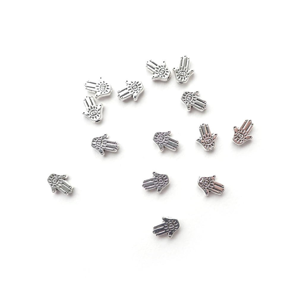 Hamsa Hand Silver Tone Metal Beads 8 x 9mm, about 15 pcs