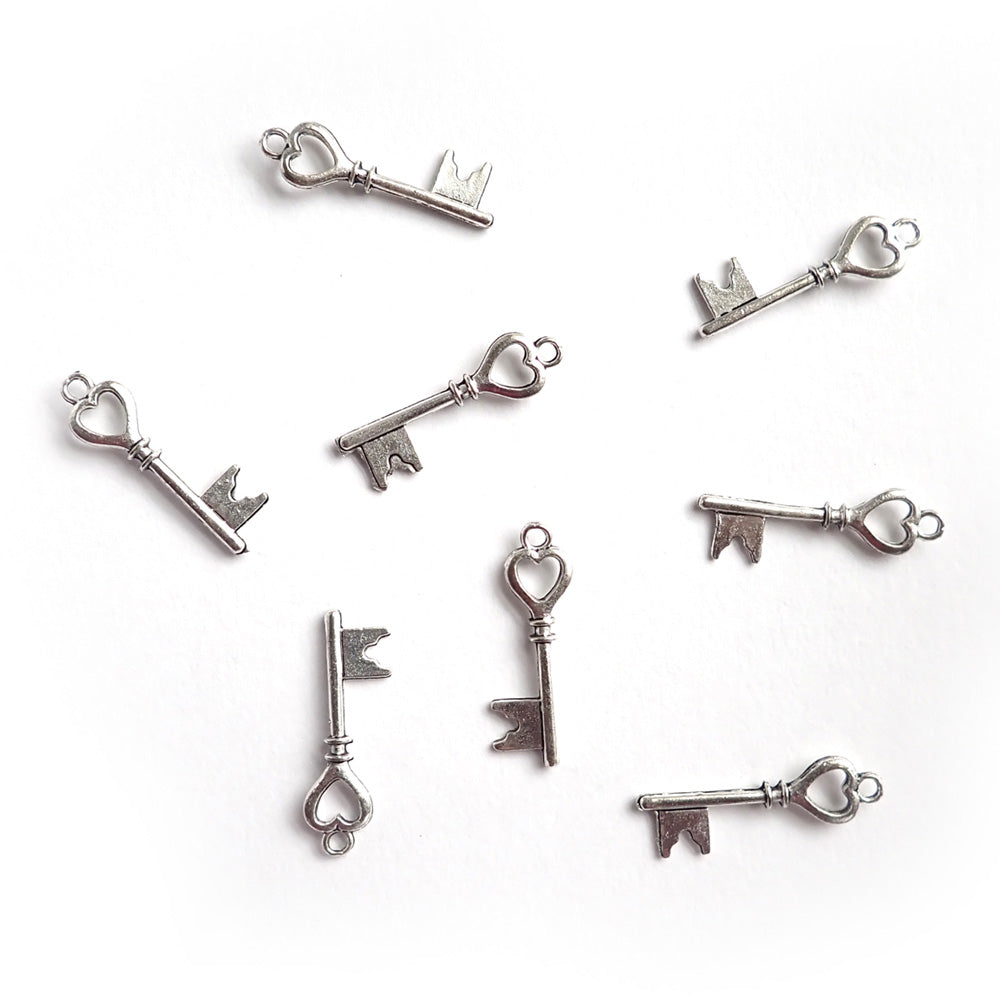 Heart Key Metal Charms, Silver Tone Color, about 8 charms, for jewelry making &amp; crafts