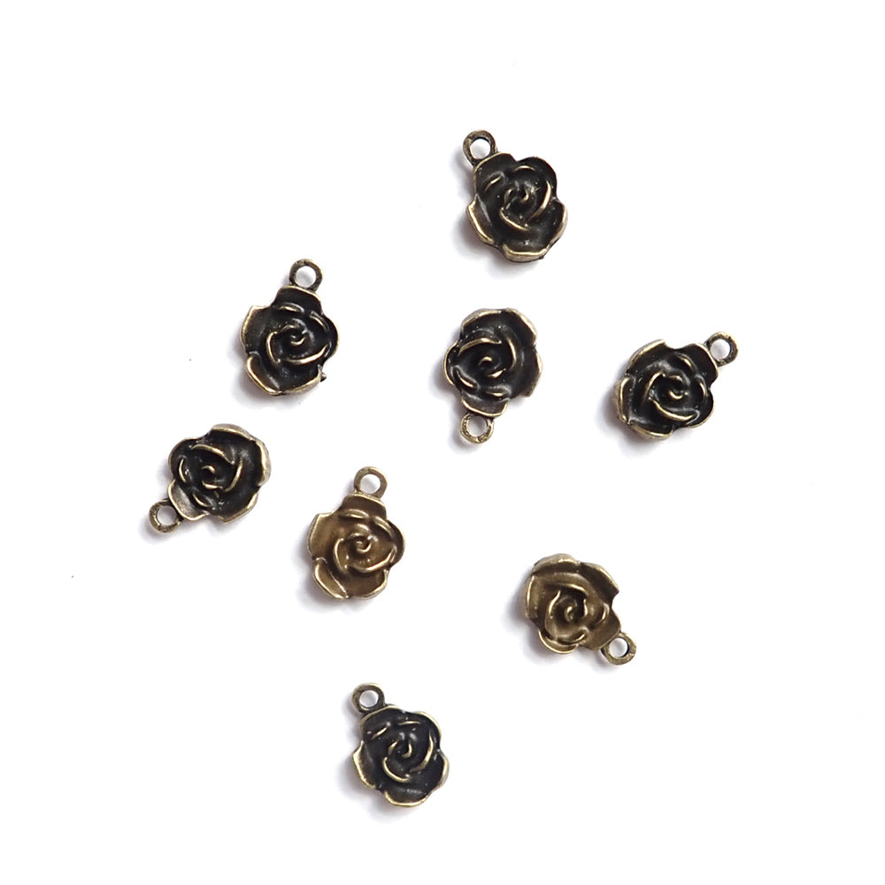 Rose Metal Charms, Antique Bronze Color, about 8 charms, for making bracelets & jewelry