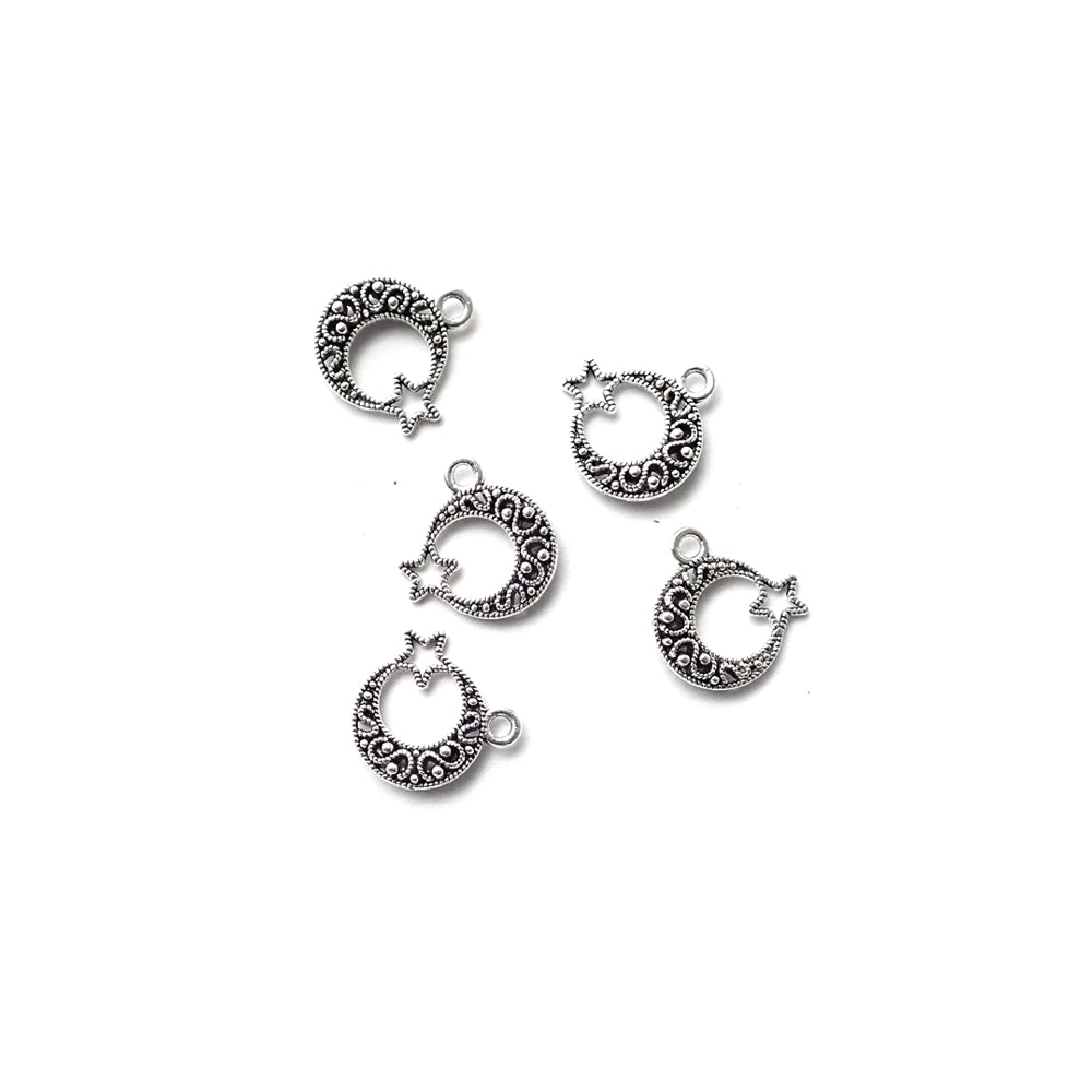 Ornate Moon &amp; Star Metal Charms, Silver Tone Color, about 5 charms, for making bracelets &amp; jewelry