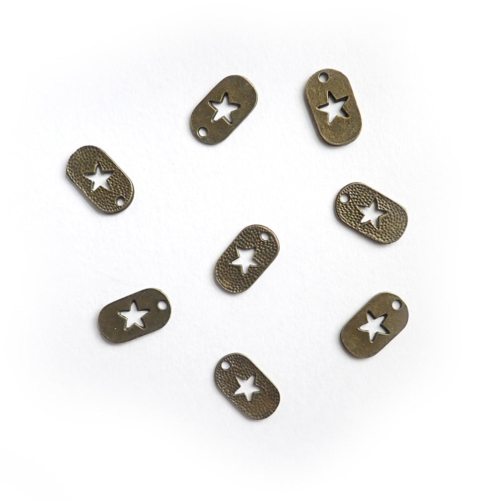 Dog Tag Metal Charms w/ star cut out, 11 x 19mm, Antique Bronze Color, about 8 charms