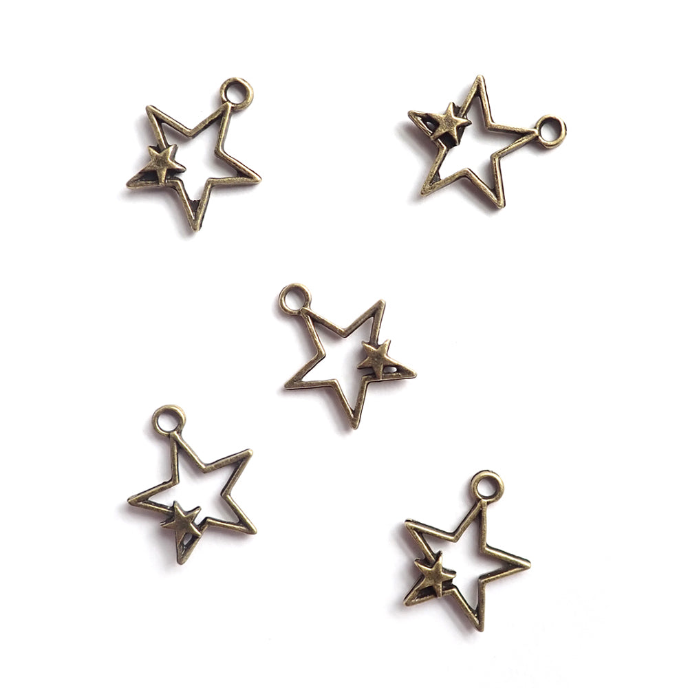 Double Star Metal Charms, 22x25mm, Antique Bronze Color, about 5 charms, for jewelry making & crafts
