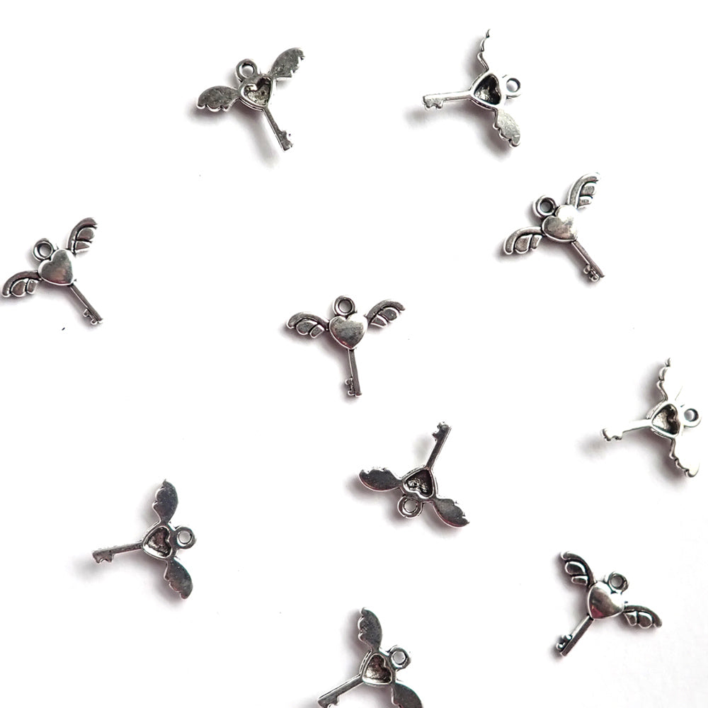 Winged Heart Key Metal Charms, Silver Color, 10 x 15mm, about 10 charms, for making bracelets &amp; jewelry