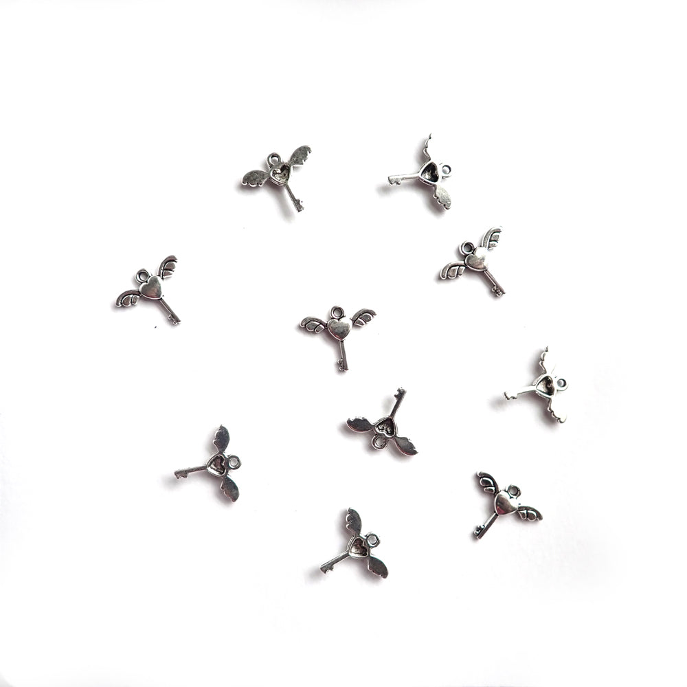 Winged Heart Key Metal Charms, Silver Color, 10 x 15mm, about 10 charms, for making bracelets &amp; jewelry