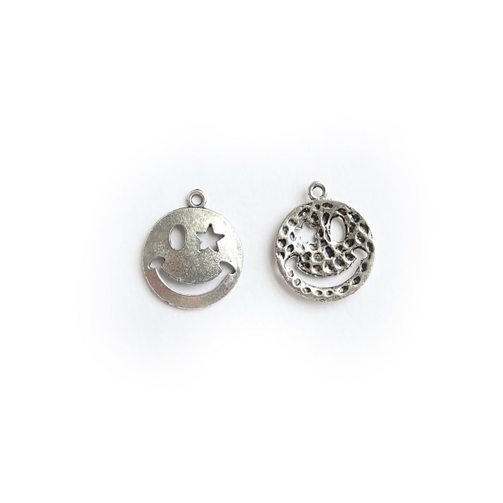 Smiley Face Charms w/ Star Eye, 22mm, Silver Color, 8pcs