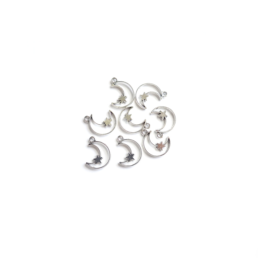 Moon & Star Metal Charms (outline style), Silver Color, about 8 charms
