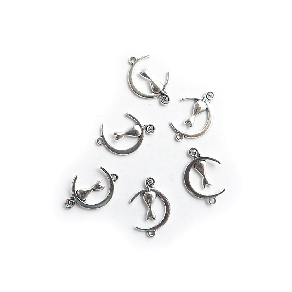 Cat Moon Silhouette Metal Charms, Silver Tone Color, 6 charms, for jewelry making &amp; crafts
