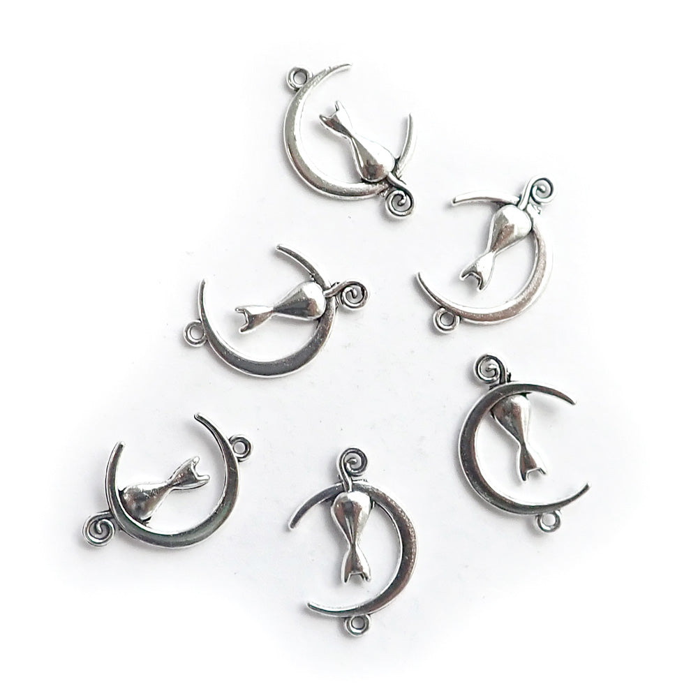 Cat Moon Silhouette Metal Charms, Silver Tone Color, 6 charms, for jewelry making & crafts
