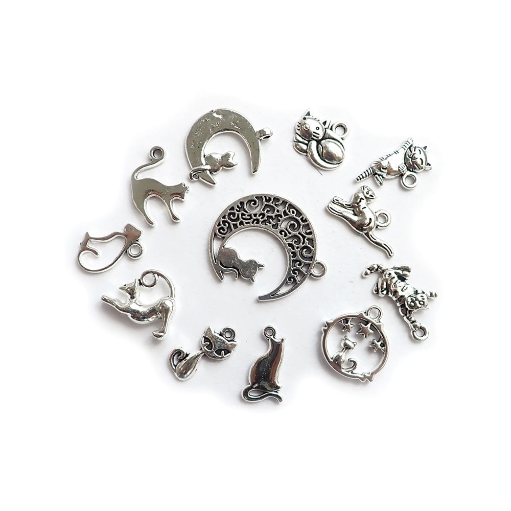 Cat Theme Charms, Mixed Shapes, Silver Color, 12 charms, for making bracelets &amp; jewelry