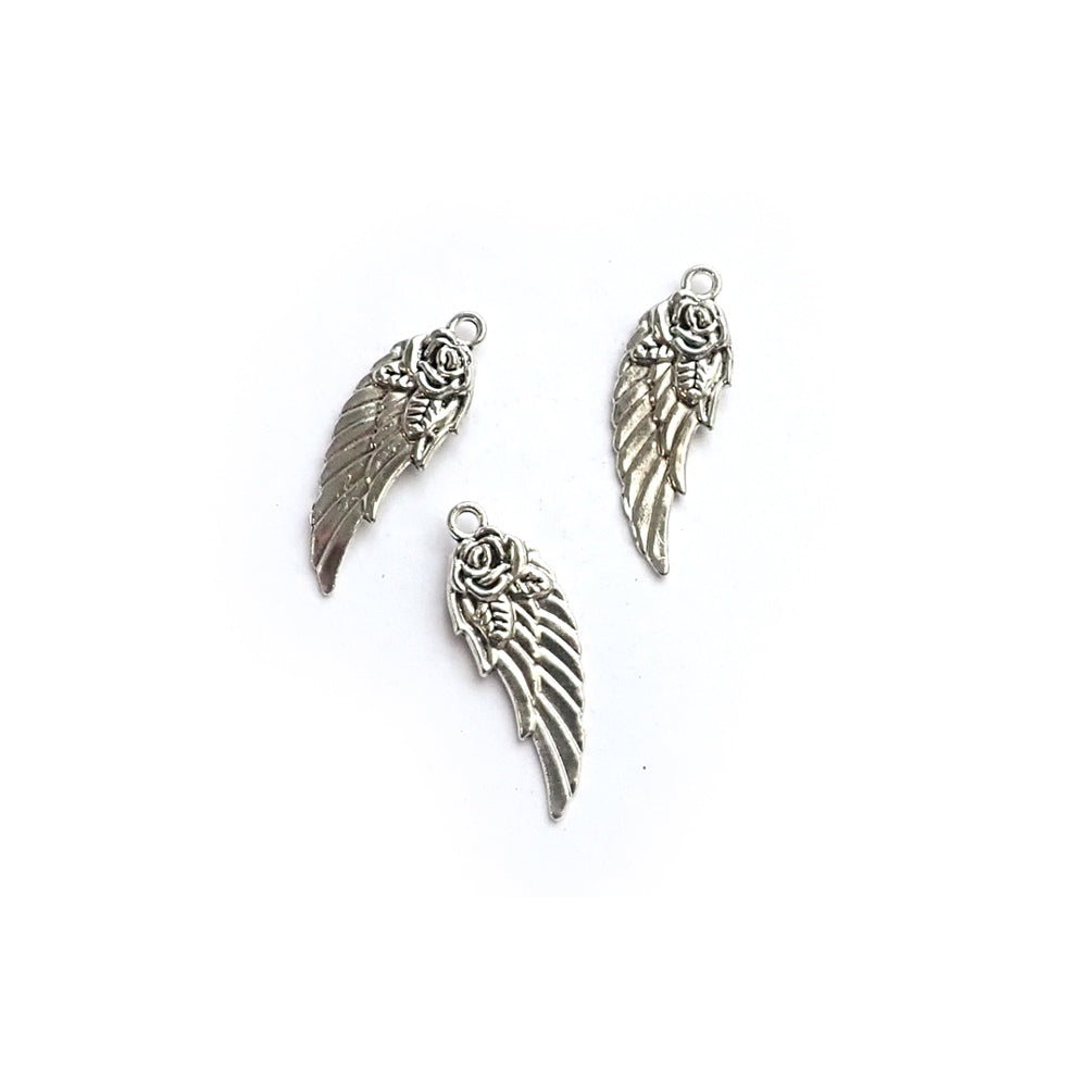 Angel Wing &amp; Rose Metal Charms, Silver Tone, 3 charms, for jewelry making &amp; crafts